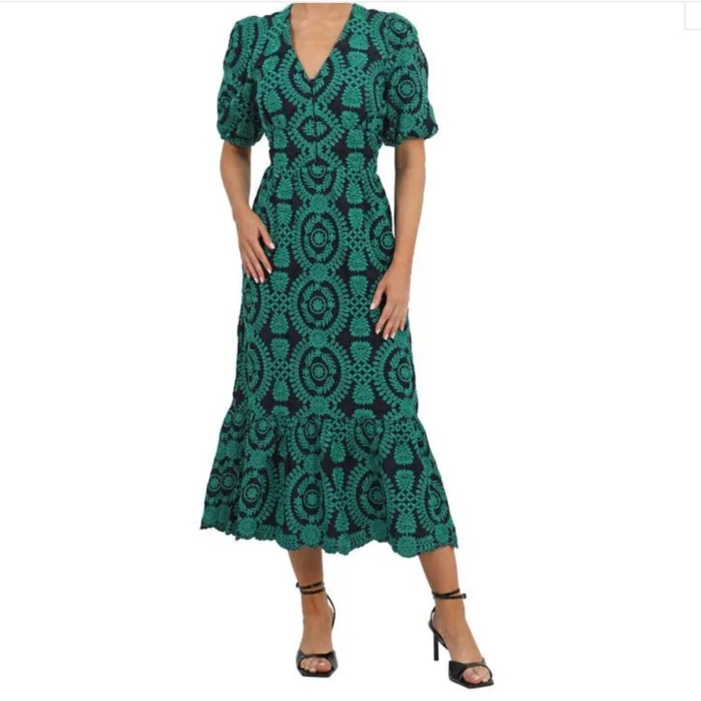 ADELYN RAE 
Luisa Embroidered Midi Dress - Navy Green.